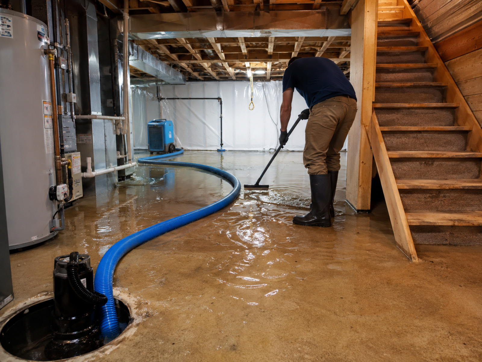 Water extraction equipment removing water from a flooded basement